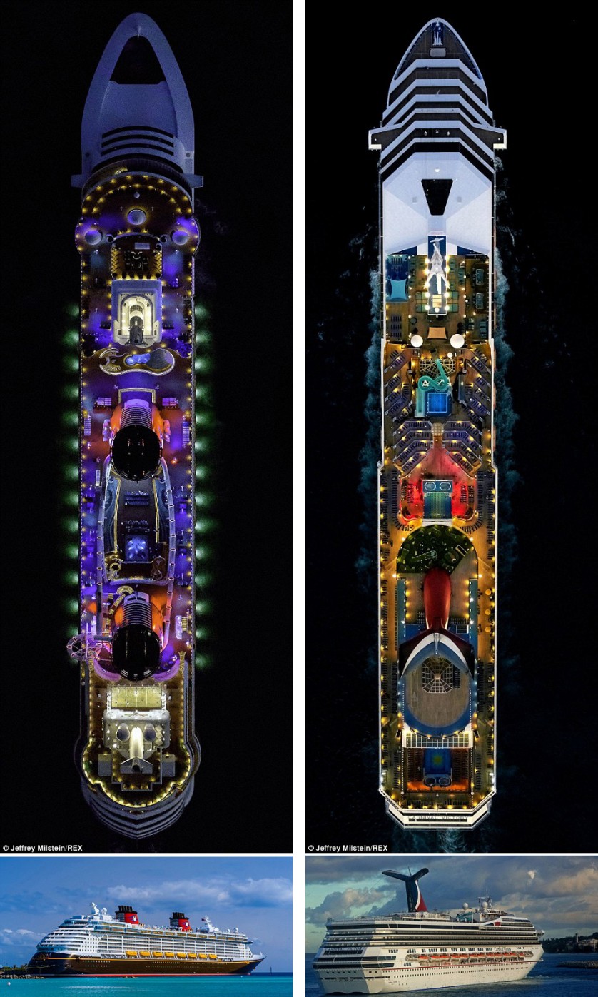 O navio de cruzeiro Disney Dream  radiante no mar, com um belo jogo de iluminao.  direita est o The Carnival Victory, que pode levar 2.754 pessoas e  uma viso impressionante  noite